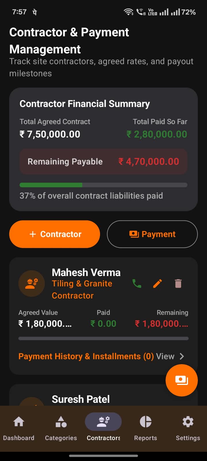 BrickTrack Contractor Payments Screen
